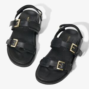 New SALT + UMBER Capricorn Black Leather Sandals w Gold Buckles Women’s SIZE 8.5